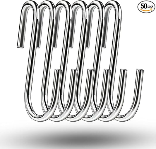 50-Pack 2.4 Inch Heavy Duty Stainless Steel S-Hooks — Waterproof Kitchen Utility Hooks for Pots, Pans, Mugs, Towels and More, Ideal Gift for Friends