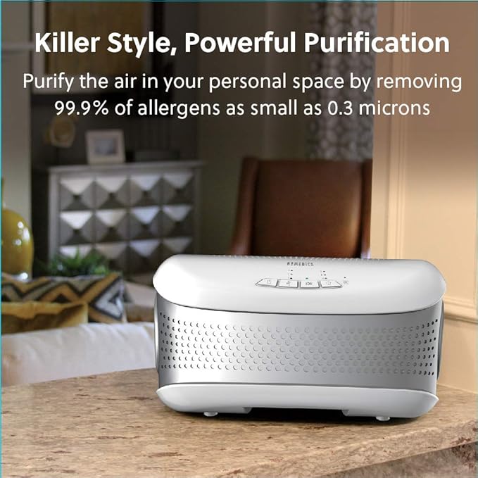 Homedics TotalClean Desktop Air Purifier – 360-Degree HEPA Filter for 128 Sq Ft, Small Air Purifier for Home Office, Bedroom and Workplace, 3 Speed Settings for Small Rooms, White