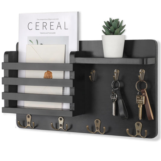 Nekon Mail Holder for Wall Mail Organizer with Key Hooks Hallway Farmhouse Decor Letter Sorter Made of Natural Wood with Floating Shelf and Flush Mount Hardware (16.8Inch x 10Inch x 3.2Inch)