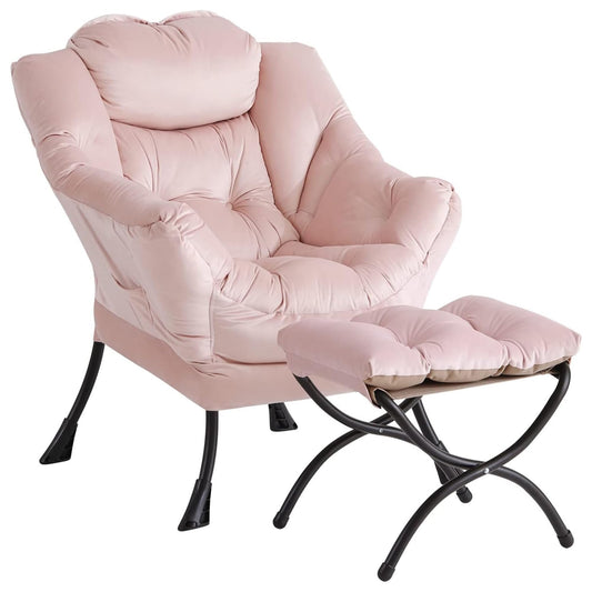 IDEALHOUSE Lazy Chair with Ottoman, Large Lounge Accent Chair, Comfy Armchair with Folding Footrest,Reading Armchair with Side Pocket for Living Room, Bedroom, Dorm & Office (1 Set, Velvet Pink)