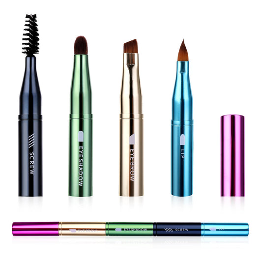 Simarro 4 in 1 Makeup Brush Set, Portable Travel Size Make Up Brushes - Detachable Eyeshadow, Eyebrow, Screw, Lip Brush for Foundation, Concealer, Powder Liquid (Multicolor)