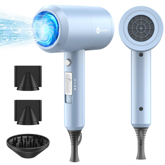 slopehill Professional Ionic Hair Dryer, Powerful 1800W Fast Drying Low Noise Blow Dryer with 2 Concentrator Nozzle 1 Diffuser Attachments for Home Salon Travel (Matte Blue)