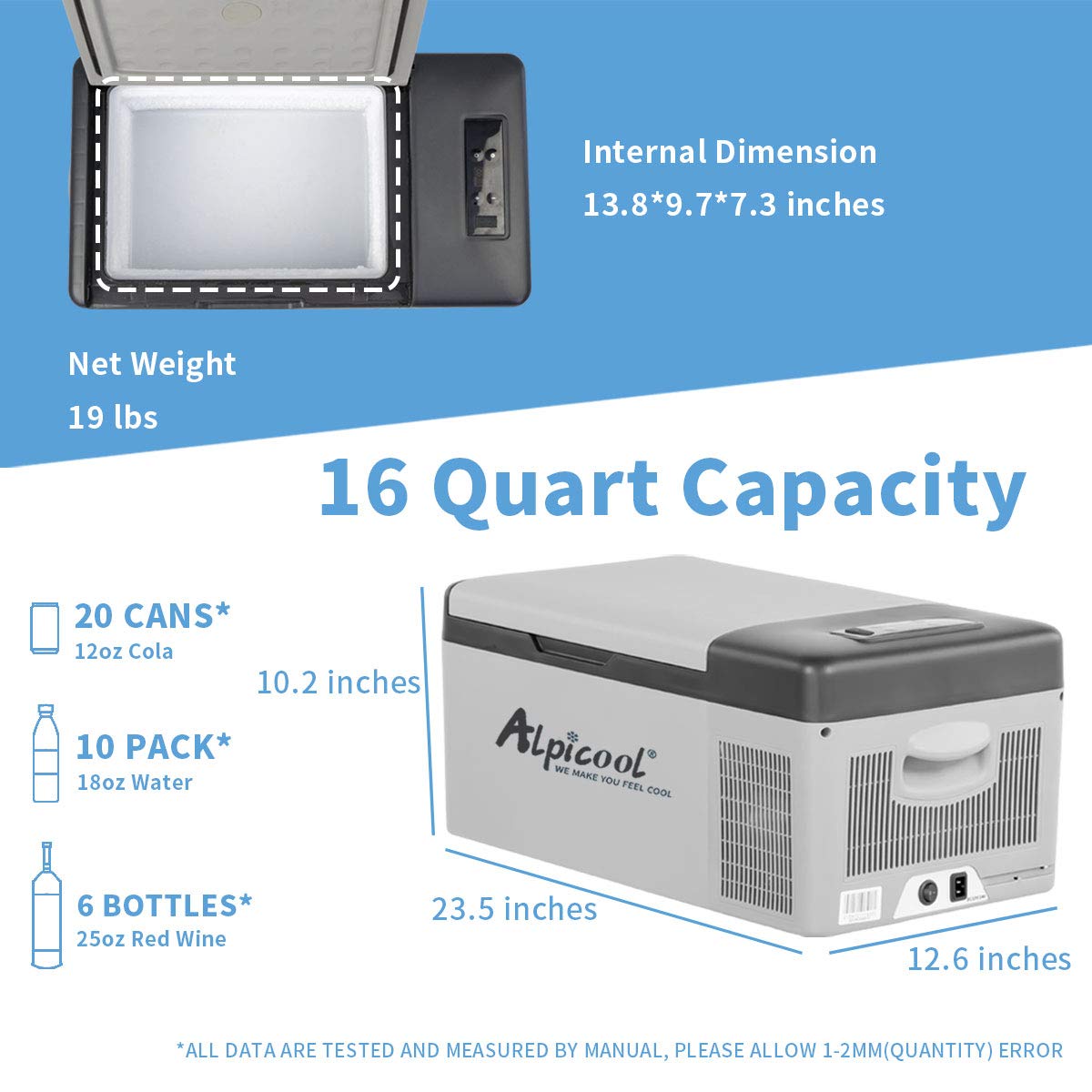 Alpicool C15 Portable Car Freezer,12 Volt Refrigerator, 16 Quart (15 Liter) Fast Cooling 12V Car Fridge -4℉~68℉, Car Cooler, 12/24V DC and 100-240V AC for Outdoor, Camping, RV, Truck, Boat