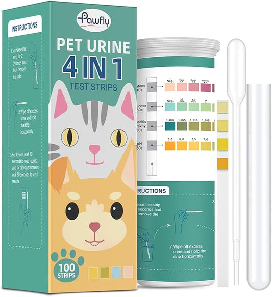 Pawfly Urine Test Strips, 100 Strips, Pet Urine Testing Strips for Ketone, Glucose, Specific Gravity & pH, Urinalysis Test Strips for Vets