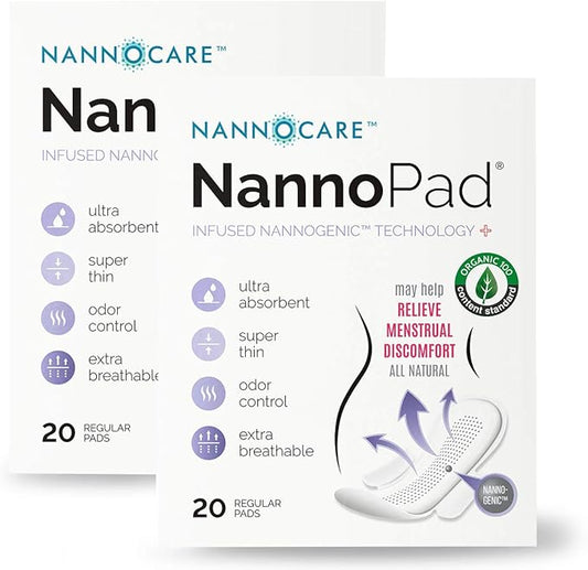 Pads for Women - Nannocare Certified, Organic Cotton - Discomfort Reducing Pads With Wings - Feminine Hygiene - 2 Pack of 20