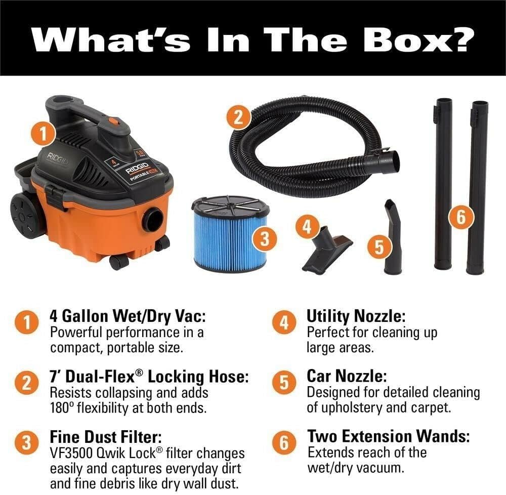 Wet Dry Vacuums with Rear Wheels, 5.0 Peak HP, 4-Gallon Wet Dry Vacuum Cleaner with Tool Kit Casters Powerful Cartridge Filter