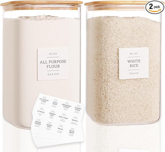 CZZGSM 2 Pack Square Glass Flour and Sugar Containers with 132 Kitchen Pantry Labels - Thicken 149 FL OZ Large Glass Storage Jars with Airtight Bamboo Lid - Big Food Canisters for Rice, Pasta, Cookie