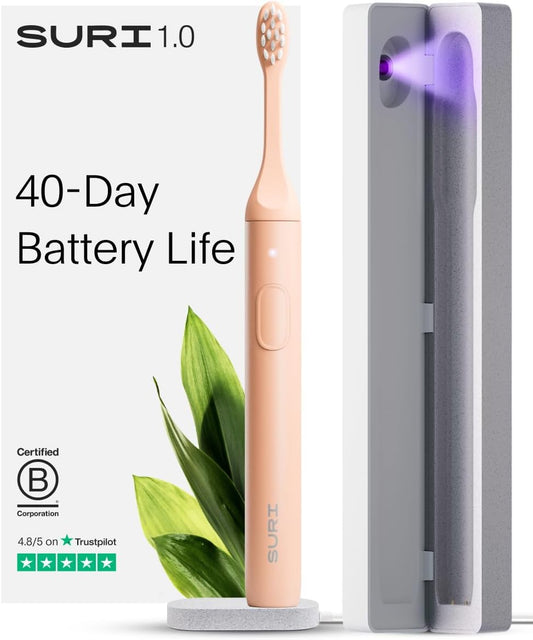 SURI 1.0 Sonic Electric Toothbrush with UV Cleaning Travel Case | 40+Day Battery | Designed in California | Electric Toothbrush for Adults | Travel Toothbrushes | Tooth Brush | Pink