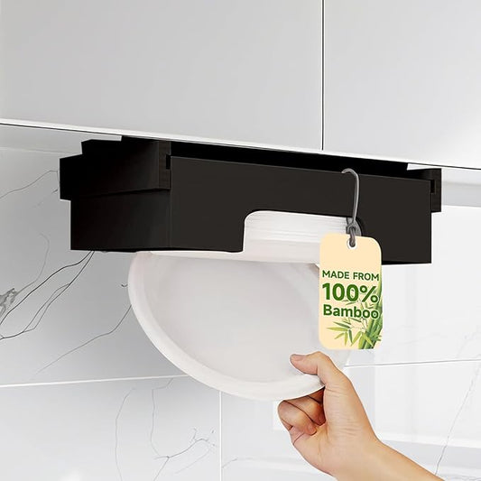 Bamboo Paper Plate Dispenser - 10 inch Wooden Paper Plate Dispenser Under Cabinet, Kitchen Countertop Vertical Plate Holder Organizer