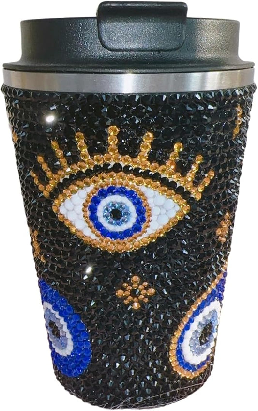 380ML Sparkle Black Crystal Evil Eyes Decorate Water Cup,Glitter Rhinestone Stainless Steel Keep Cold/Hot Coffee Mug