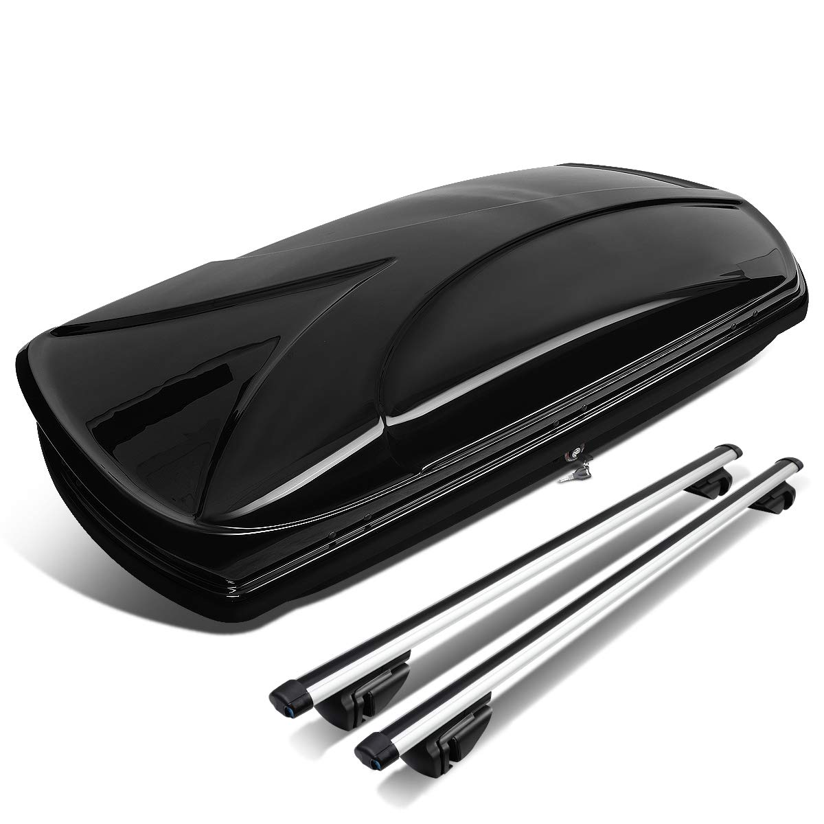DNA MOTORING Rooftop Cargo Box Carrier + Adjustable Aluminum Roof Rail Cross Bars, Lockable Waterproof Hard Shell Top Mount Carrier with Lock & Keys, Universal Fit, Black, PT-ZTL-8139-BK