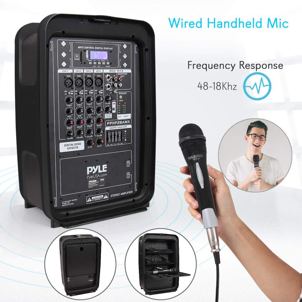 Pyle PA Speaker DJ Mixer Bundle - 300 W Portable Wireless Bluetooth Sound System w/ USB SD XLR 1/4" RCA Inputs - Dual Speaker, Mixer, Microphone, Stand, Cable - Home/Outdoor Party - PPHP28AMX,Black