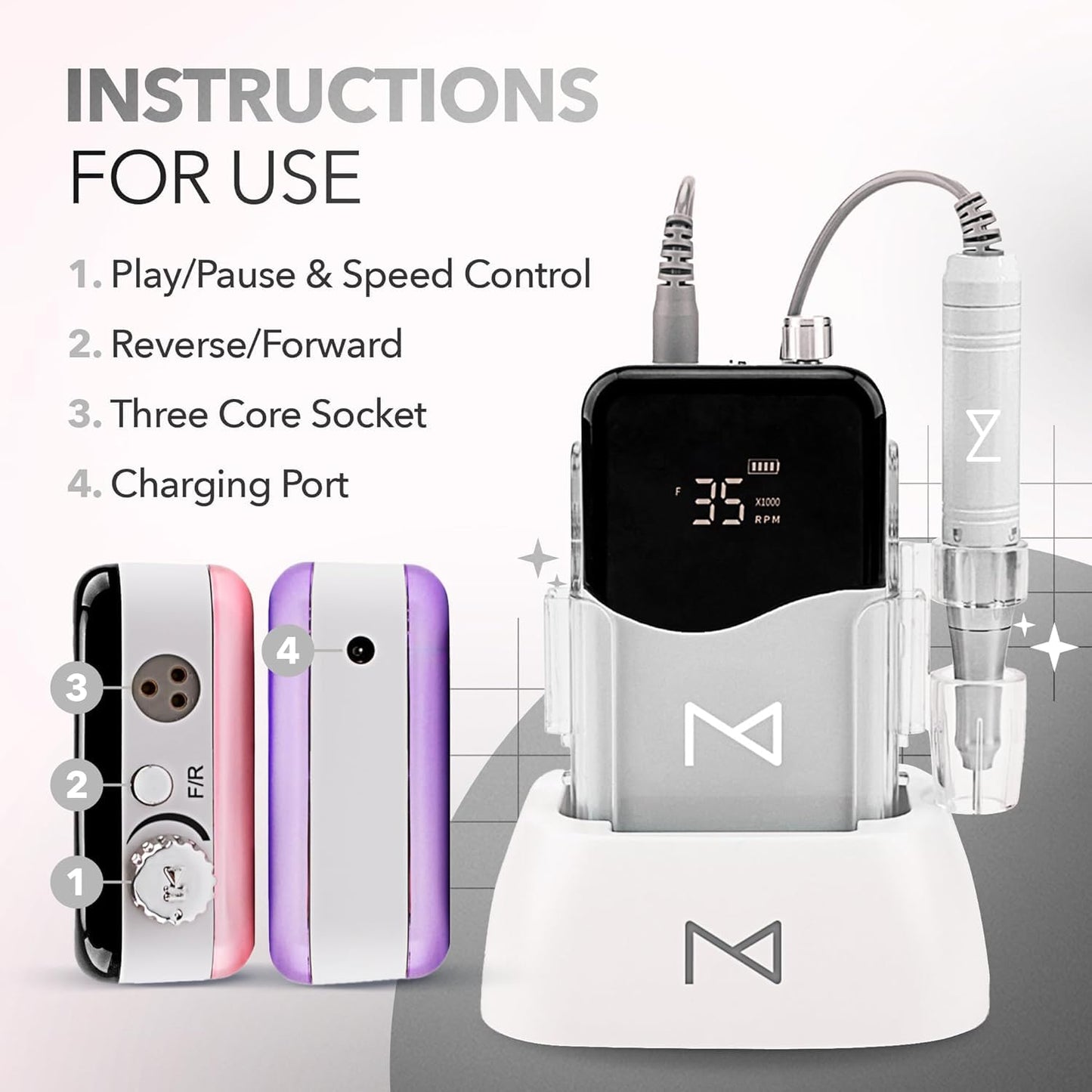 M Mase- Professional Nail Drill Machine - Coreless 2-in-1 Nail File - Electric, Cordless, 35000 RPM, HD Display - Electric Nail Drill for Professional & Home Use (Pink Gold)