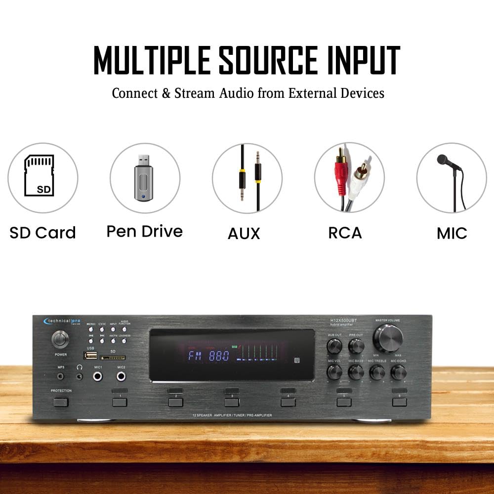 Vaiyer Home Theater System Kit, 6-Channel 6000 Watts Bluetooth Amplifier with 5.25" 12 Qty of 175 W Each in-Wall in-Ceiling Frameless Speakers & 16 Gauge 500 ft Speaker Wire Surround Sound System