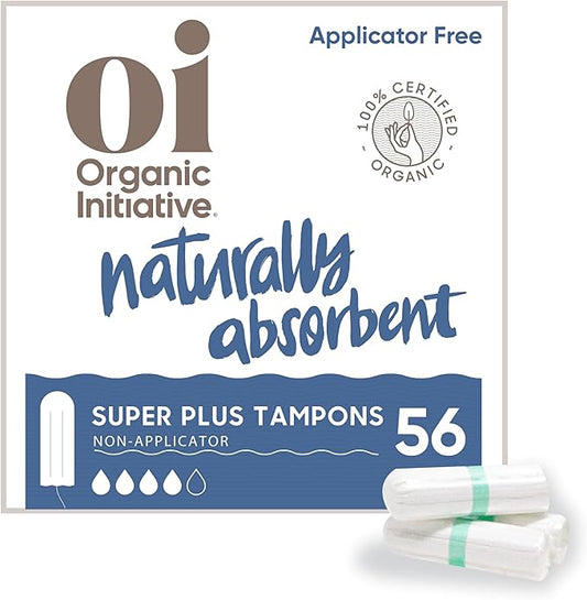 Oi | Organic Initiative - 100% Certified Organic Cotton Non-Applicator Tampons | Ultra-Absorbent, Unscented, Natural, Non-Toxic, Applicator Free | Super Plus | 56 Tampons