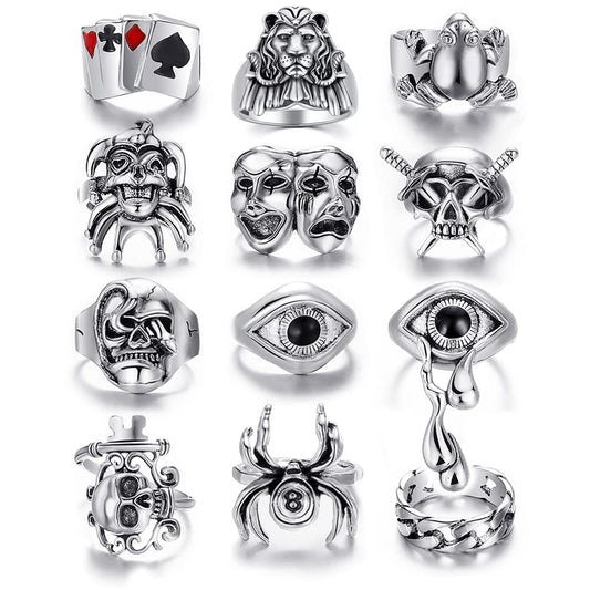 Vintage Silver Punk Rings Set for Men, Cool Gothic Chunky Rings Bulk, Skull Snake Spade Ace Malachite Stackable Hippie Knuckle Rings Pack, Trendy Men's Jewelry Gift for Him (Vintage Silve,Size 7~8, 12pcs)
