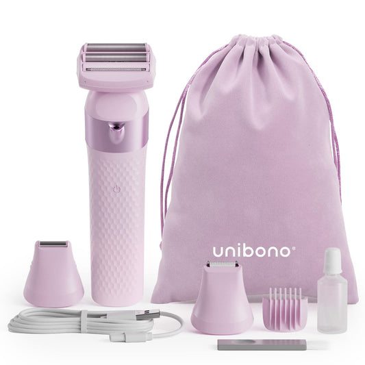 unibono 3-in-1 Electric Razor for Women,Dual-Foil Electric Shaver for Woman Face,Legs,Armpit,Rechargeable Bikini Trimmer,Intimate Shaver with Illumination,Public Hair Trimmer Women (Cold Pink)