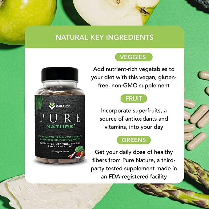 KaraMD Pure Nature | Greens, Fruits & Vegetables Whole Food Supplement | Vitamins, Fiber & Antioxidants | Support Energy & Digestion | Non-GMO, Gluten Free & Vegan Friendly (30 Servings)