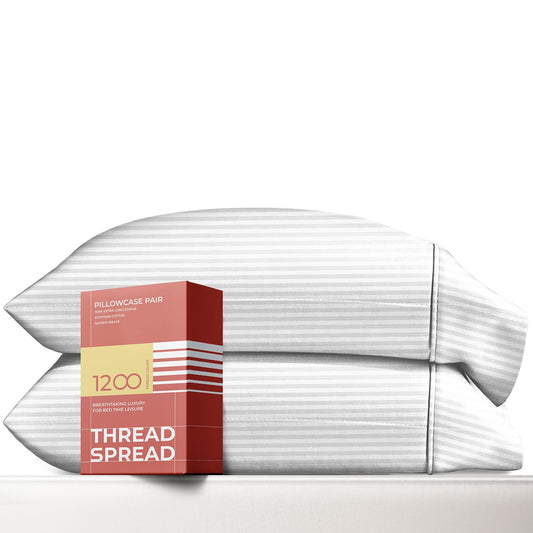 Thread Spread 100% Egyptian Cotton Pillow Cases Standard/Queen Size Set of 2 - Luxury 1200 Thread Count Sateen White Stripe Pillow Cases, Soft Cotton Pillowcases Fits Standard & Queen Pillows