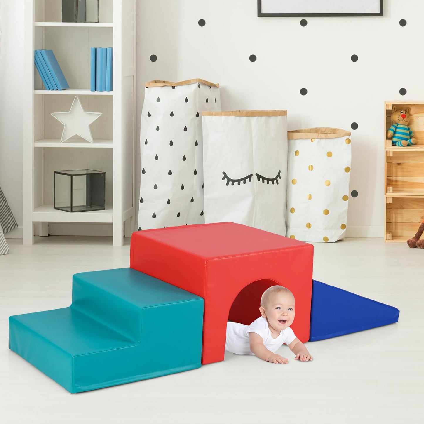 Costzon Climbing Toys for Toddlers, 4 PCS Single-Tunnel Foam Climber for Climbing, Crawling and Sliding, Lightweight Soft Play Blocks for Preschool Baby Boys Girls (Blue&Yellow&Red&Green)