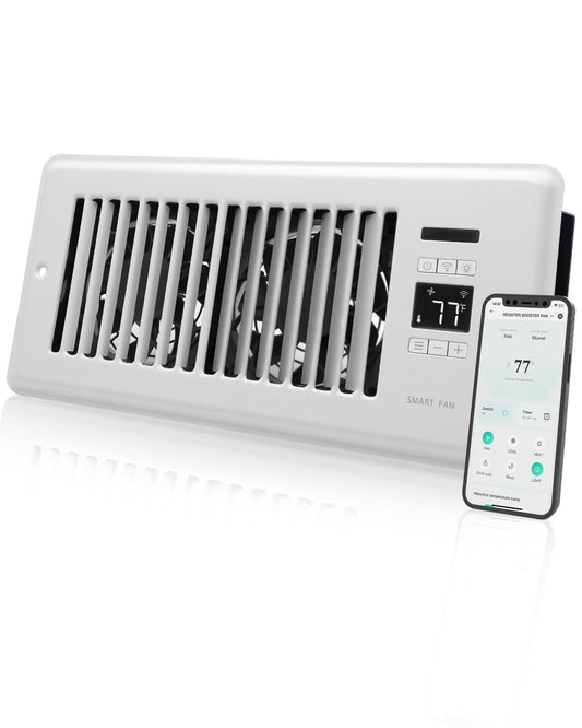 Super Quiet Register Booster Fan for 4" x 10" Register Holes, Smart Register Vent with Dual Intelligent Thermostat and WIFI App Control, Heating Cooling AC Vent Fan (White)