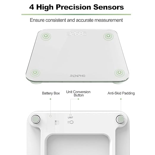 RENPHO Digital Bathroom Scales Weighing Scale with High Precision Sensors Body Weight Scale (Stone/lb/kg) - White, Core 1S