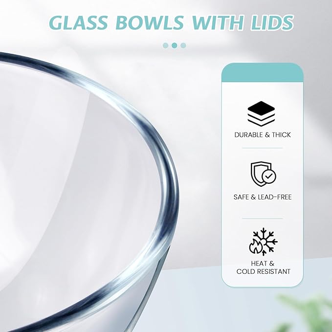 Luvan Glass Mixing Bowls with Lids Set(4.5QT, 2.7QT, 1.1QT)-Large Glass Mixing Bowls, Clear Salad Bowl for Baking, Cooking, Serving, Food Prep, 3PC Nesting Bowls for Kitchen Storage & Dishwasher Safe