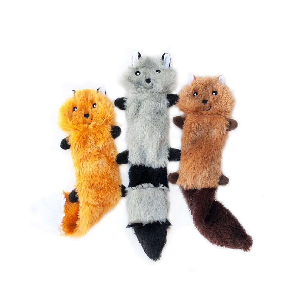 ZippyPaws Skinny Peltz - No Stuffing Dog Toy Pack to Keep Them Busy, for Small and Medium Dogs, Squeaky Pet Toys, Unstuffed Chew Toys, Soft Plush Variety Pack, Fox, Raccoon, and Squirrel - 11"
