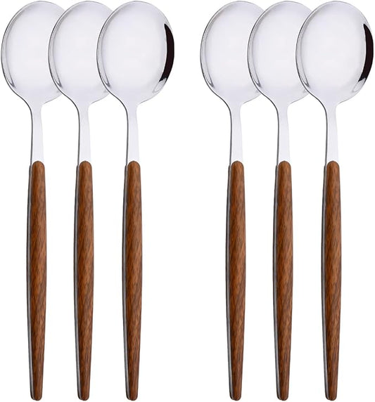 6-Piece Dinner Spoons Set, Food Grade Stainless Steel Spoons for Home Hotel Restaurant, Silver Mirror Polished, Faux Wooden Clip Handle Design, 8.0inch Durable Spoons Set, Dishwasher Safe