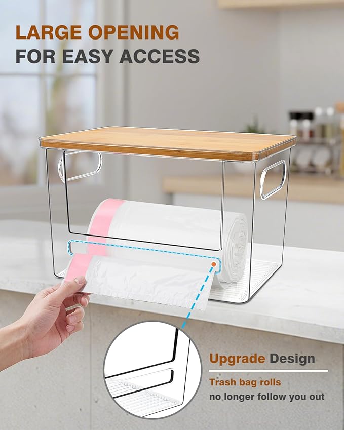 Trash Bag Dispenser 2 Pack (XL+S) - Acrylic Garbage Bags Dispenser with Bamboo Top, Trash Bag Holder Under Sink for Pantry, Kitchen, Laundry Room, Cabinet