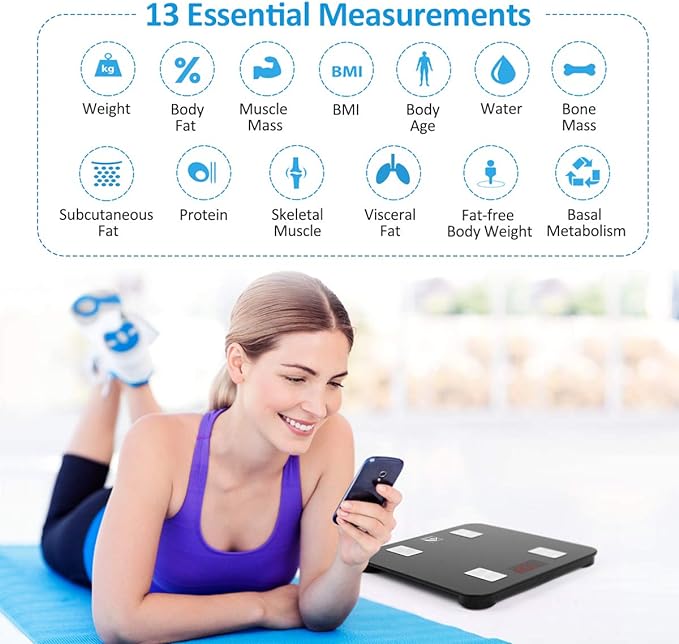 FITINDEX Scale with BMI, Body Fat, Muscle Mass, Smart Scale for Body Weight, Bluetooth, Digital, Sync with App, User Health Equipment, FSA HSA Eligible