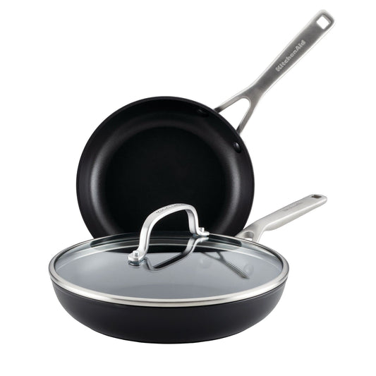 KitchenAid Hard Anodized Induction Nonstick Frying Pan Set With Lid, 3-Piece – 8 & 10 Inch Skillets, Durable, Even Heating, Dishwasher & Oven Safe, Easy-Clean, Matte Black
