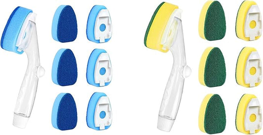 Dishwand Refills Soap Control Handle,6 Heavy Duty Dish Wand Sponge Heads,Non Scratch Scrubbers Replacement Refill Brush Dispenser,Dishwashing Scrub for Sink Stick Kits Dishwasher Cleaning Tool