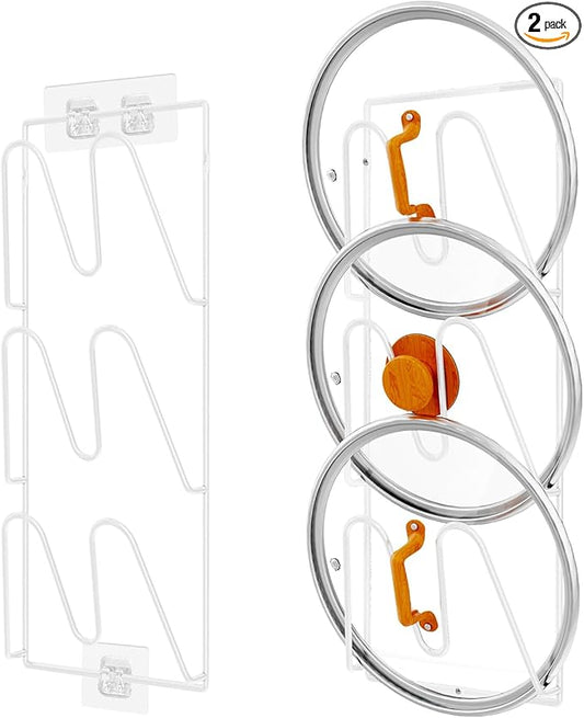 Durmmur 2 Pack Pot Lid Organizer Rack, 6-Tier Pot Lids Holder for Cabinet Door/Wall, No Drilling Adhesive Wall/Door Mounted Rustproof Pot and Pan Cover for Kitchen Storage, White