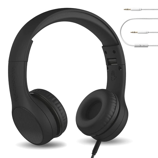 LilGadgets Connect+ Style On-Ear Kids Headphones with Microphone - SharePort Technology, SoftTouch Padding, Detachable Cable, Noise Reduction, Durable & Adjustable - Black - Wired Headphones with Mic