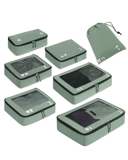 ECOHUB 7 Set Packing Cubes Tear-Resistant Luggage Packing Organizers with Number Icon for Travel Accessories Luggage Suitcase Machine Washable Packing Cubes (Green)