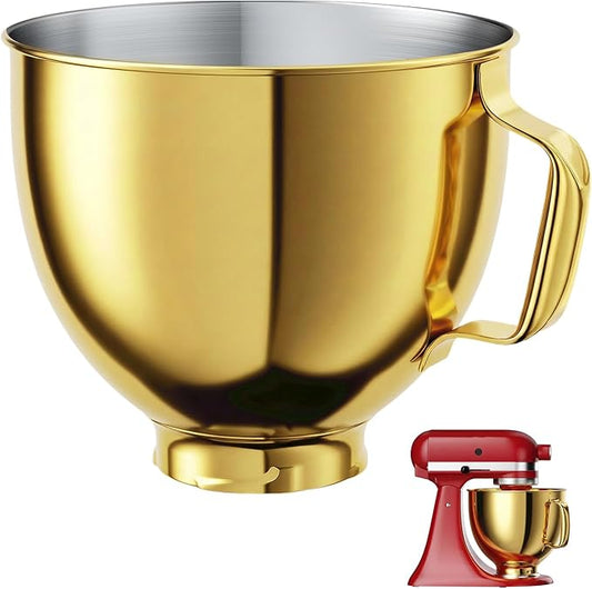 5 QT Food-Grade Stainless Steel Mixer Bowl Compatible With KITCHENAID TILT-HEAD STAND MIXERS 4.5-5 Quart, with Anti-slip handle & Prominent Clasp, Stainless Steel Polished, Gold