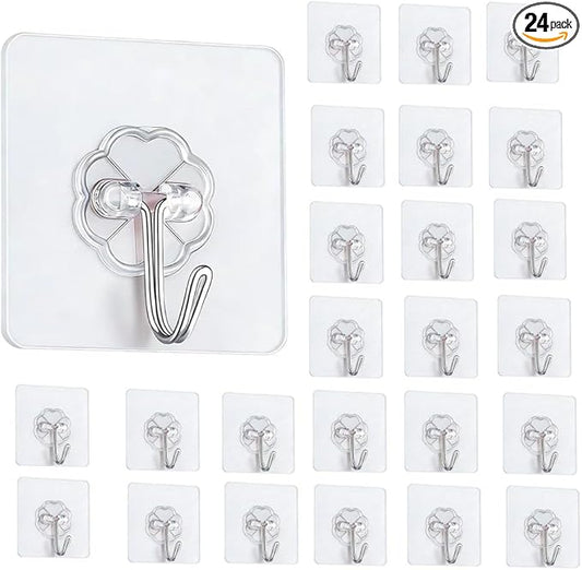 Adhesive Hooks - Heavy Duty Sticky Wall Hooks for Hanging, Removable Waterproof Hooks for Bathroom Kitchen, Damage-Free Transparent Hooks 24pcs