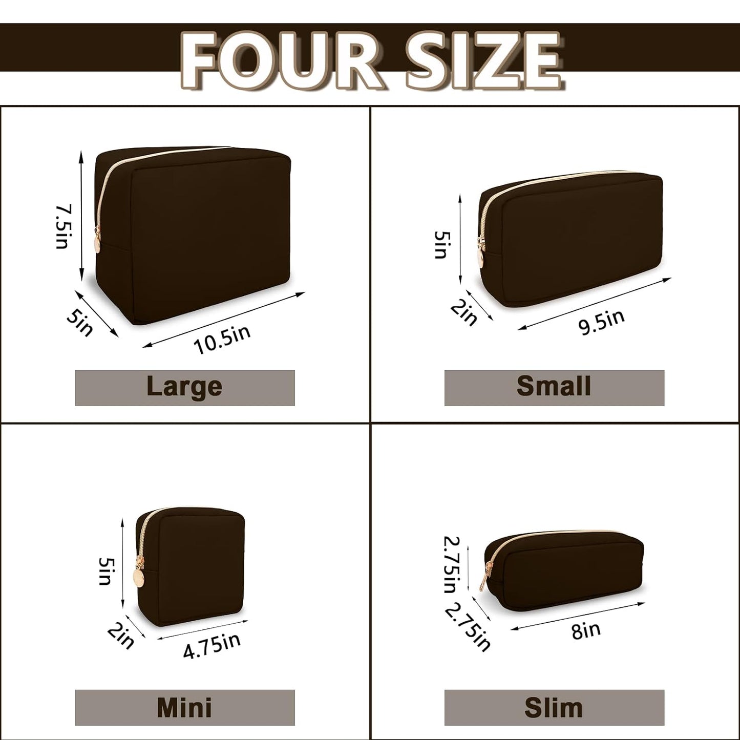 Small Makeup Pouch for Purse, Nylon Travel Toiletry Storage Pouch Cute Preppy Cosmetic Bag for Women Girls, Waterproof Makeup Organizer Skincare Bag Purse with Zipper (Small-Chocolate)