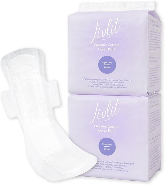 Super Long Overnight Pads Sanitary Pads, 100% Organic Cotton from Texas, Heavy Absorbency, Powerful Leak Protection, Unscented, Extra Long Length Pads for Women (20 Count)
