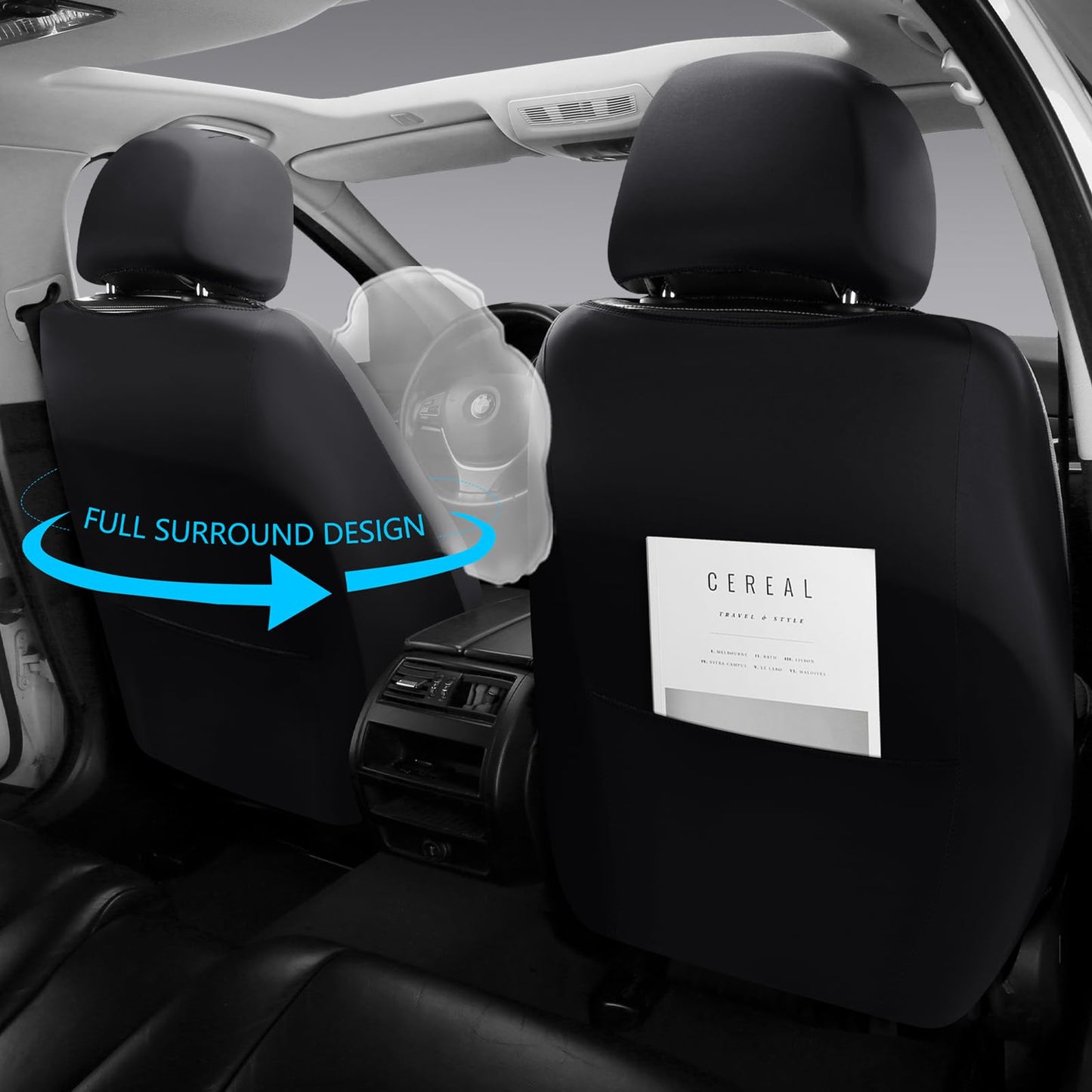 GEEYONTEK Premium Leather Car Seat Covers Full Set,Universal Fit for Cars,Trucks&SUVs,Waterproof Car Seat Cushion,Full Coverage Car Seat Protector with 5 Seats,Black