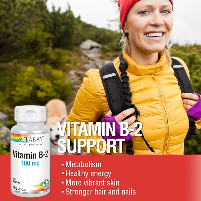 SOLARAY Vitamin B-2 Riboflavin 100 mg with Aloe Vera | Healthy Energy Metabolism, Skin, Hair & Nails | 100 CT