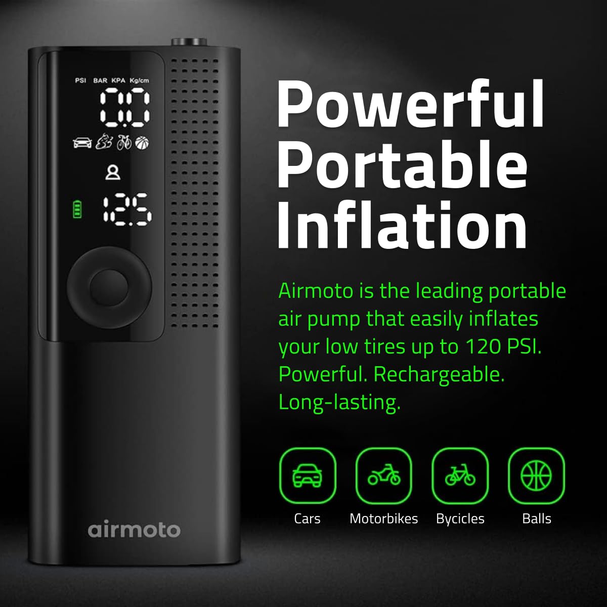 Airmoto and Carrying Case Bundle Deal - Tire Inflator Portable Air Compressor with Hard Case - Air Pump for Car Tires, Motorcycle, Bicycle - Cordless Tire Pump with Tire Pressure Gauge