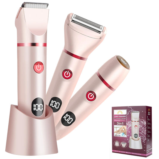 Women Bikini Trimmer, 3-in-1 Electric Shaver Razors for Women with Ceramic Blade Heads, Electric Bikini Trimmer for Women with Detachable Head for Leg Face Arm Pubic Area, Wet/Dry Use