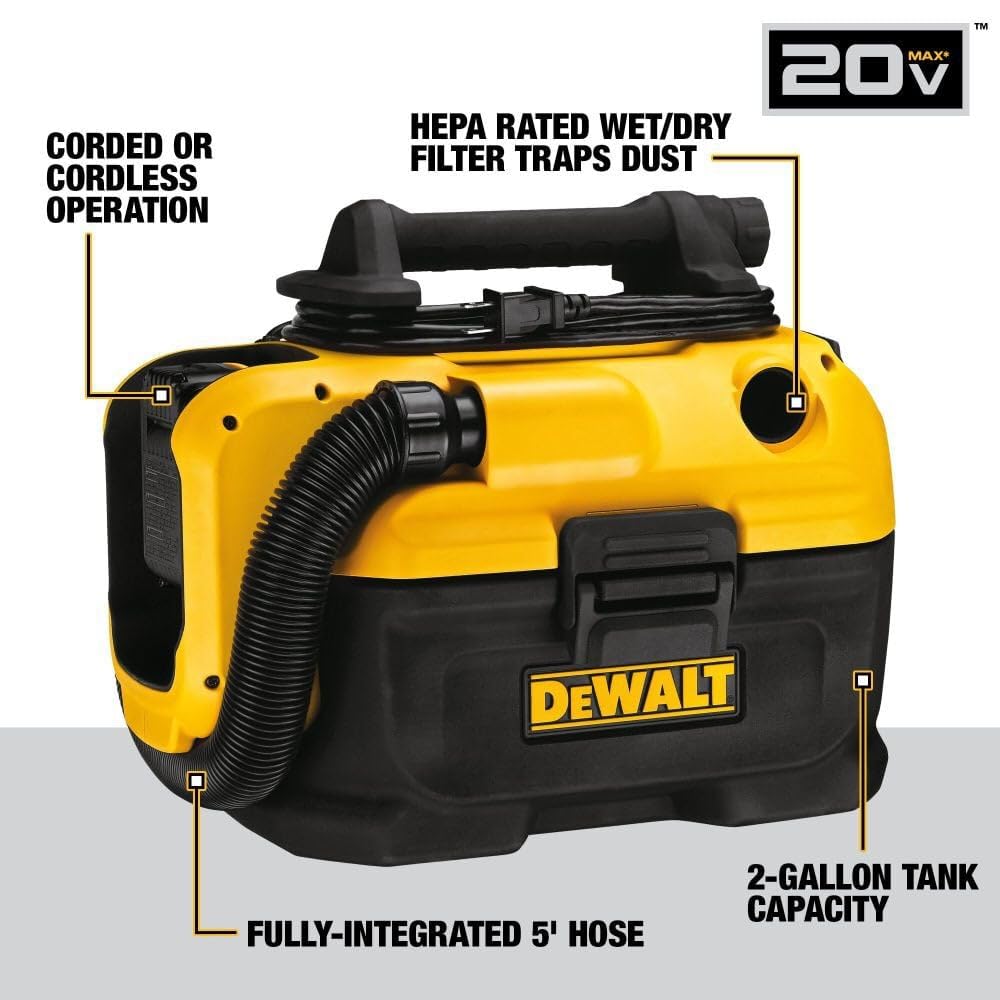 DEWALT Shop Vacuum Wet and Dry, Cordless and Corded Wet Dry Vacuum Cleaner Shop Vac 20V MAX, Portable Shopvac, Tool Only (DCV581H)