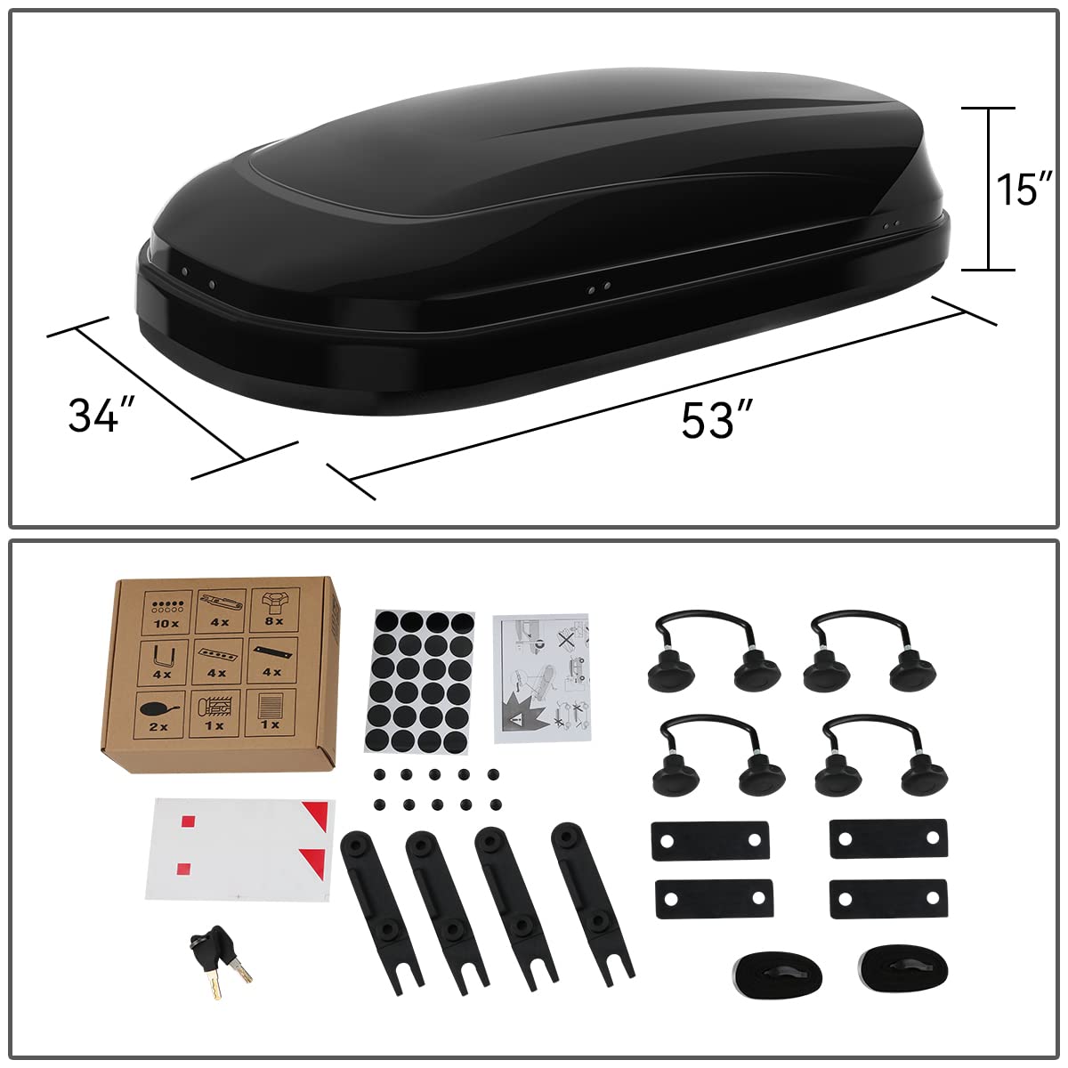 11 cu. ft. Rooftop Cargo Carrier ABS Lockable Heavy Duty Hard Shell Waterproof Car Roof Rack Luggage Carrier 53 X 34 X 15 Inches Glossy Black Capacity 110 LBS
