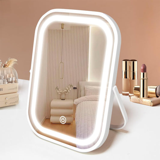 YEKKOPT Travel Makeup Mirror with Lights, Portable Small Beauty LED Vanity Mirror with Lights, 1200mAh Battery, Dimmable Touch Screen, Tabletop Folding Compact Mirror,Women Gift