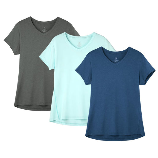 icyzone Workout Shirts Yoga Tops Activewear V-Neck T-Shirts for Women Running Fitness Sports Short Sleeve Tees (Dark Grey/True Navy/Aqua, S)