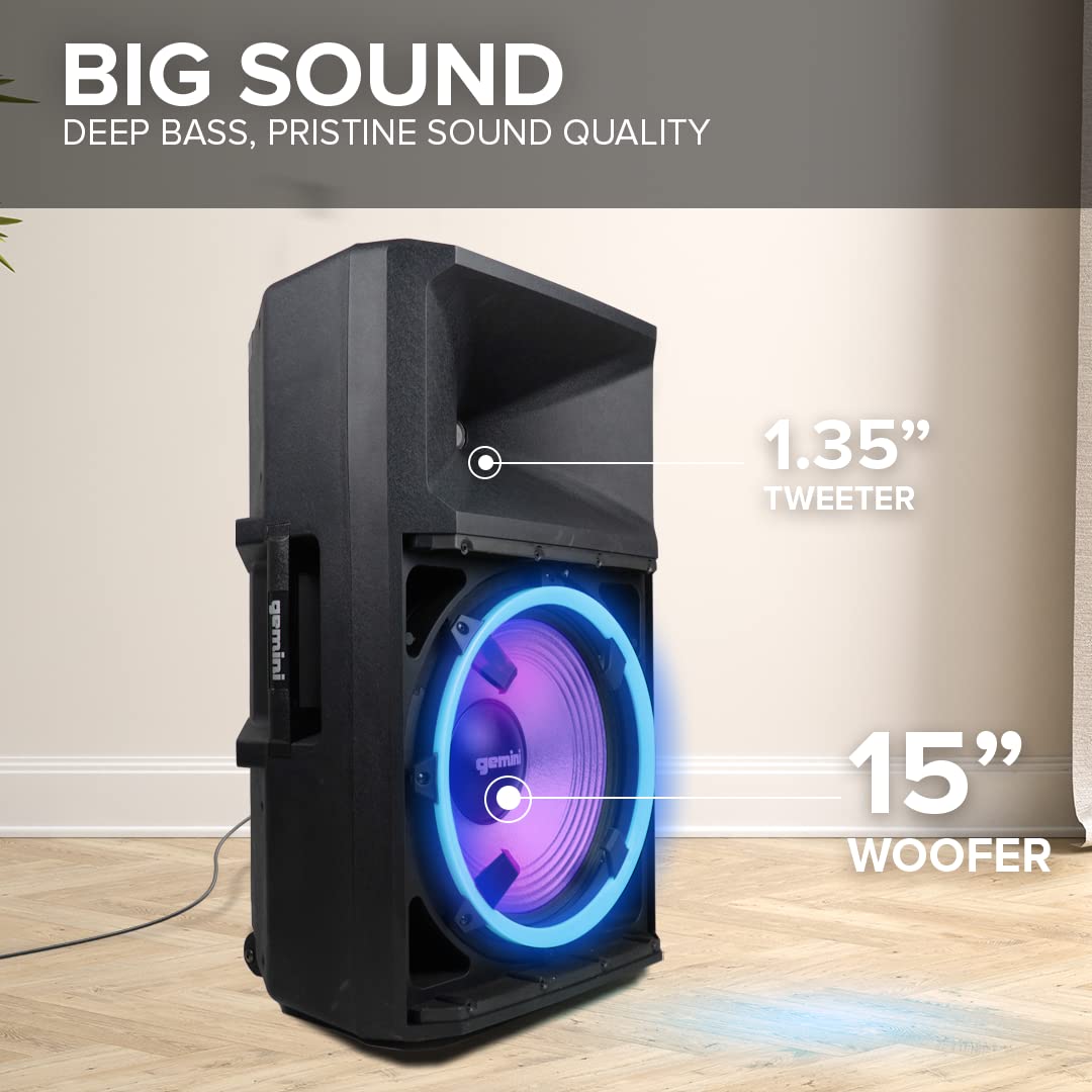 Gemini 15” 2200W Bluetooth PA Speaker System – DJ Loudspeaker with Stand, Wired Mic, LED Lights, TWS Stereo Pairing, 3-Channel Mixer, EQ Control – AC Powered (GSP-L2200PK)