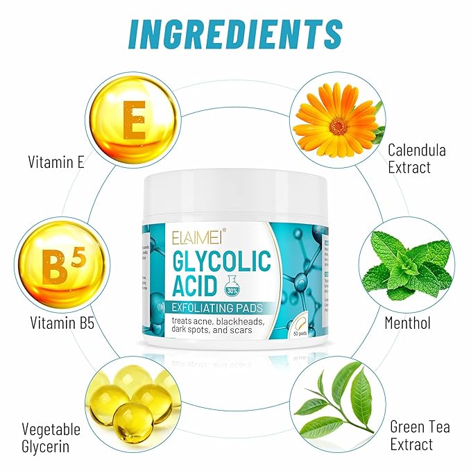 30% Glycolic Acid Pads Wipes for Skin Care Exfoliating Cleansing, Face Pore Cleaner Minimizer Acne Treatment, Chemical Peel Solution for Dark Spots, Breakouts, Scars, Reduce Wrinkle Fine Line, 50 Pads